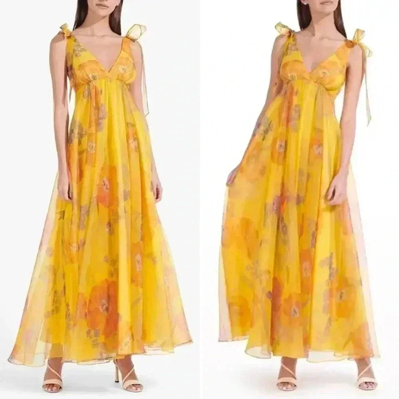 STAUD Dandelion Printed Organza Maxi Dress in Goldie Size 10 - Picture 13 of 16